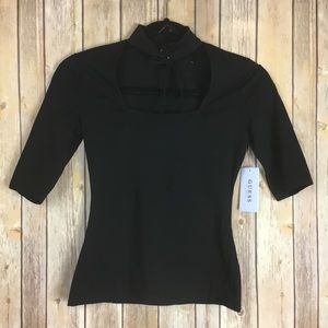 GUESS IRENE CHOKER TOP BLACK ELBOW SLEEVE SZ XS